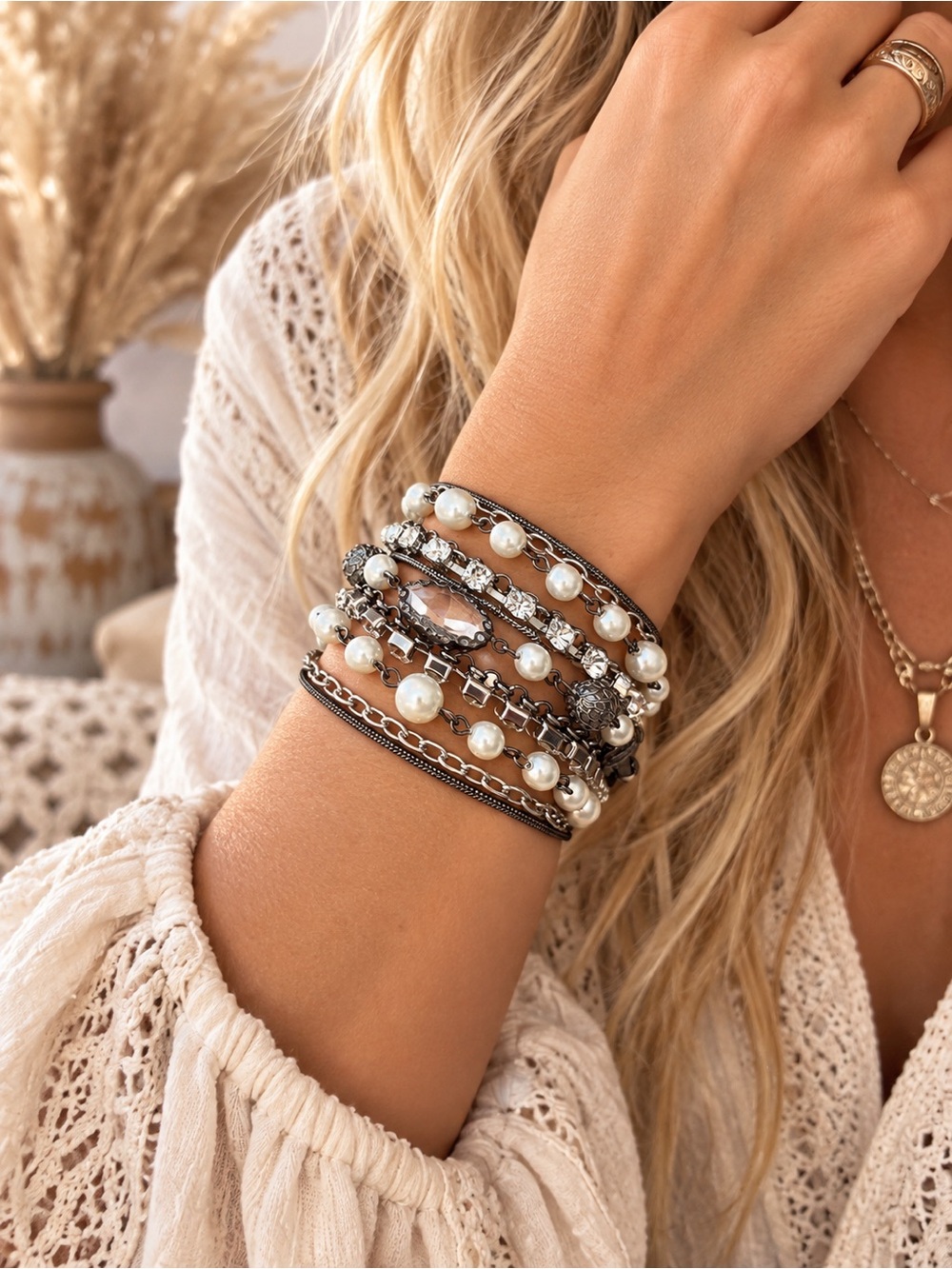 Layered Pearl & Silver-Tone Bracelet Stack - White/Silver